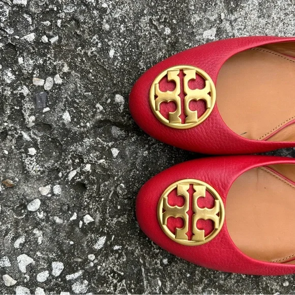 Tory Burch CHELSEA Red Ballet Flats with Gold Accents - Picture 8 of 14